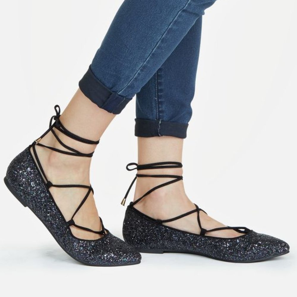 JustFab Raiven Black Glitter Lace Up Flats